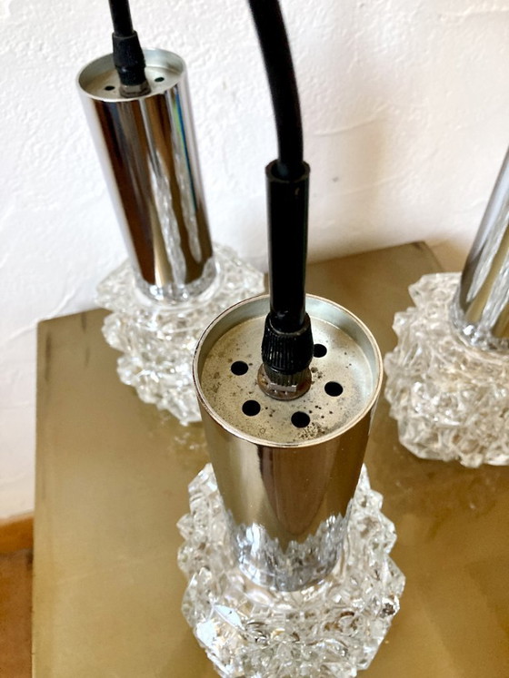 Image 1 of Lampadario a sospensione vintage a cascata a 3 luci – Vetro sfaccettato e cromo, anni '60/'70