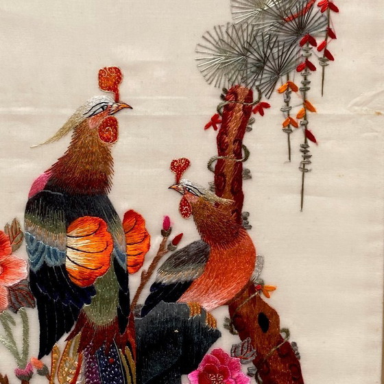 Image 1 of Antique Asian Embroidery Painting of a Black Grouse and Bird