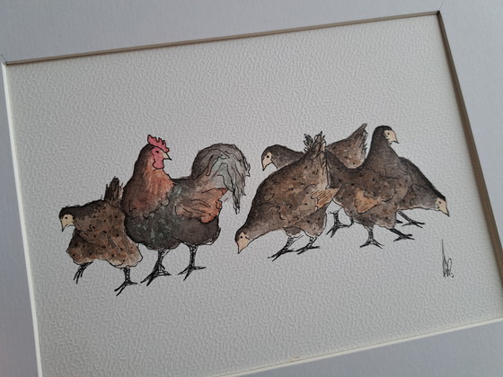 Image 1 of Watercolor painting chickens original | In dark brown frame