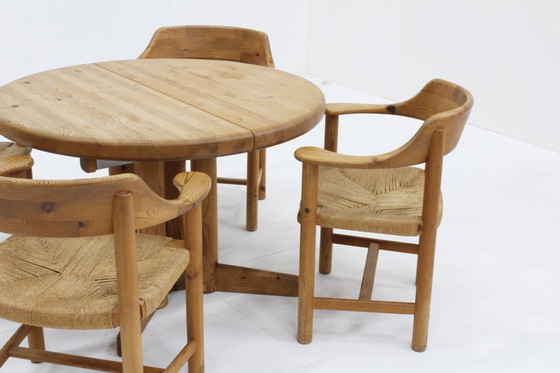 Image 1 of Set Vintage dining table and dining chairs pine wood papercord