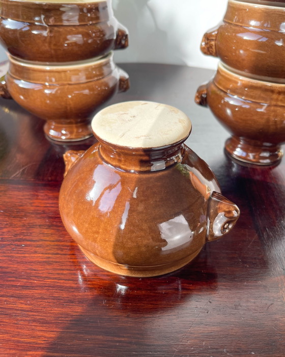 6 Vintage Ceramic Emile Henry Lion Head Onion Soup Bowls - Brown, Made in France (photo 7 of 10)