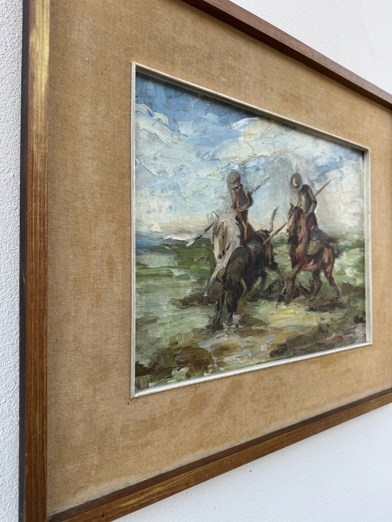 Tableau huile scène camarguaise 20ème – Peintures et dessins, Bois (photo 5 of 11)
