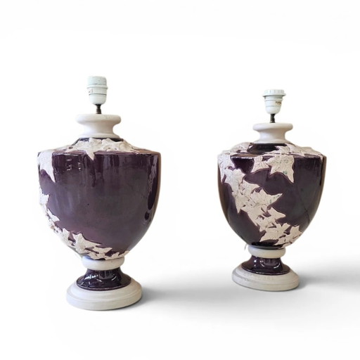 2 x grande lampe vase en céramique florale Kostka / années 70 / France