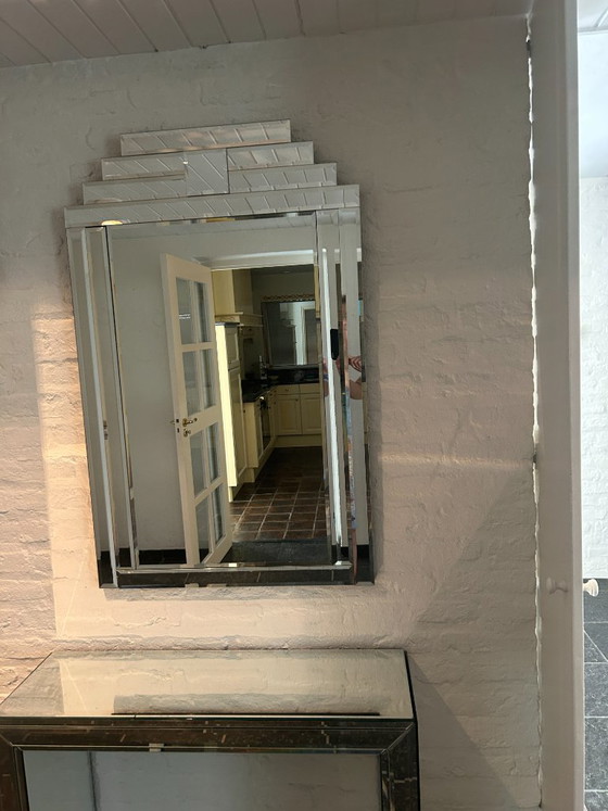 Art Deco Faceted Wall Mirror with Matching Sidetable – Glass, Wood (photo 5 of 10)