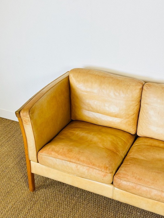 Image 1 of Vintage Scandinavian 2-seater sofa in beige leather and wood by Stouby, 1960s