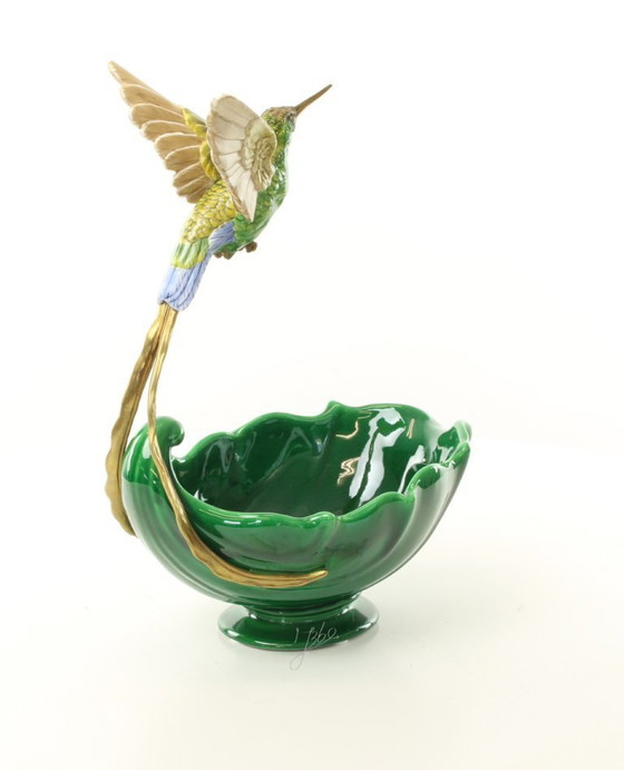 Image 1 of HUMMINGBIRD PLANTER JASMINE PORCELAIN + BRONZE ORMOLU BIRD BOWL SCULPTURE