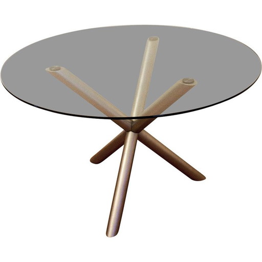 Vintage Round Dining Room Table in Smoked Glass and Chrome Steel, Italy 1970s