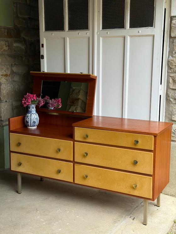 Image 1 of Enfilade commode coiffeuse Roger Landault années 50/60 suédine jaune