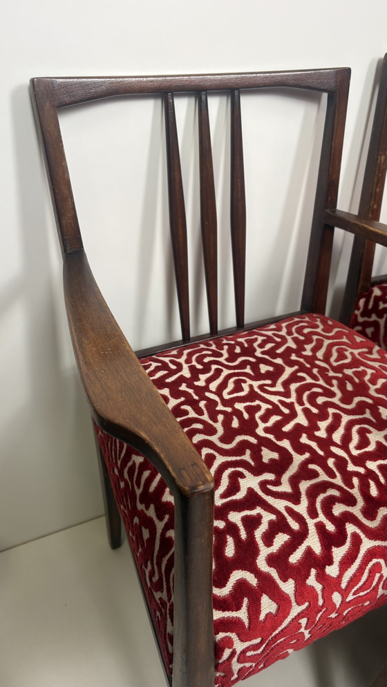 6 sedie da pranzo vintage Gordon Russell in legno con seduta stampata W.H. Curly Coral. – Velvet, Wood (photo 6 of 15)