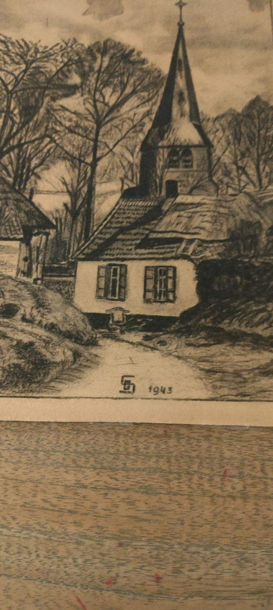 Image 1 of Charcoal drawing of a small church/chapel in Sint Anna Pede made by S. G. in 1943 and sold in 1980.
