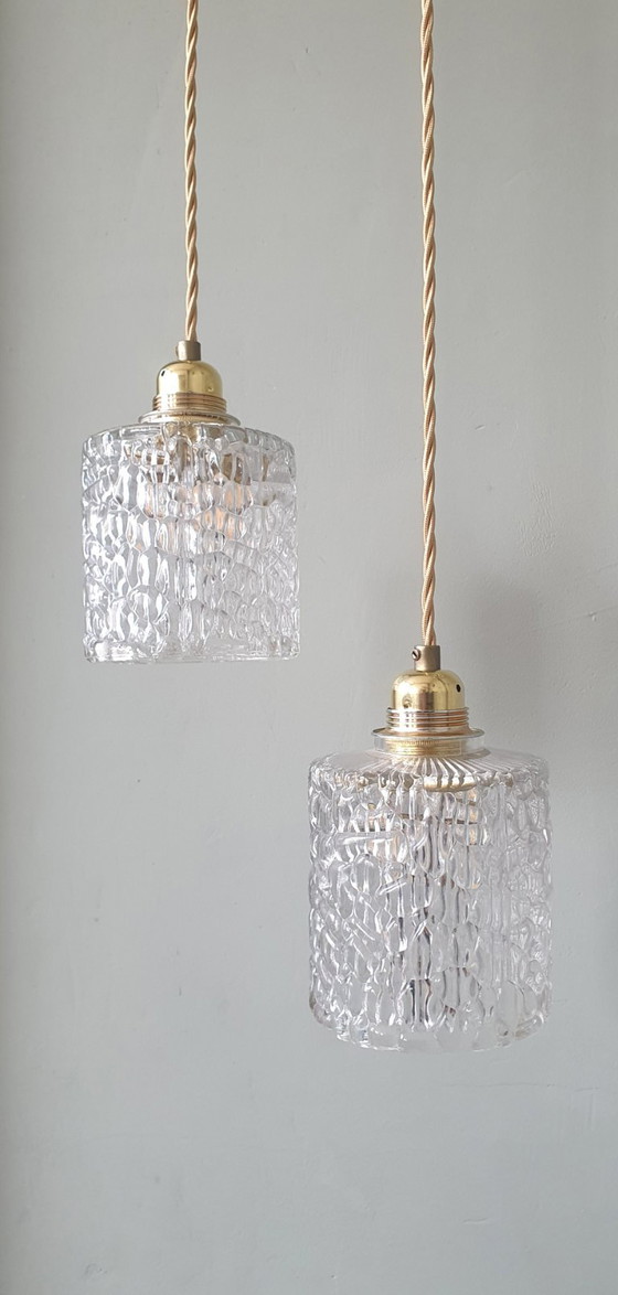 Lot de Suspensions Vintage - verre craquelé - design mid-century. – Métal (photo 6 of 21)
