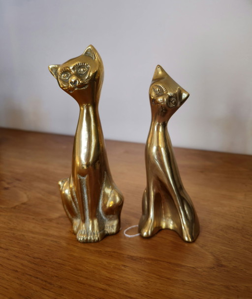 2x Messing Katten Poezen Beelden Vintage