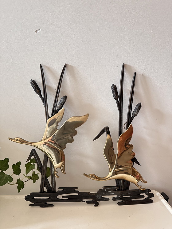Image 1 of Decorazione murale in ottone con cigni di Canne