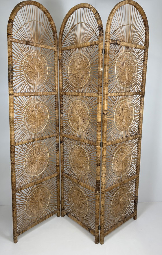 Image 1 of Vintage Sunburst rattan bamboo large folding screen room divider