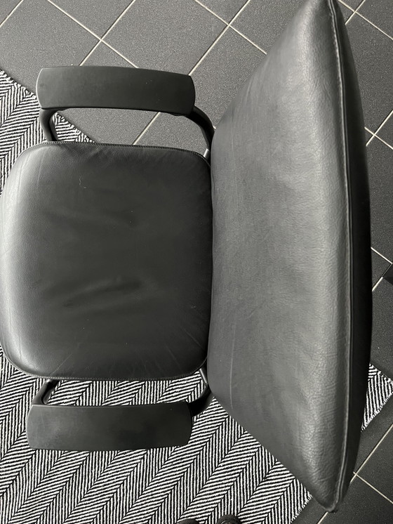 Image 1 of Beechwood dining table with 4 black leather chairs