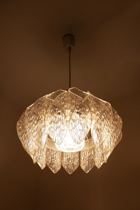 Image 1 of 70s ME Marbach Leuchten ‘ice glass’ acrylic pendant lamp with chrome suspension