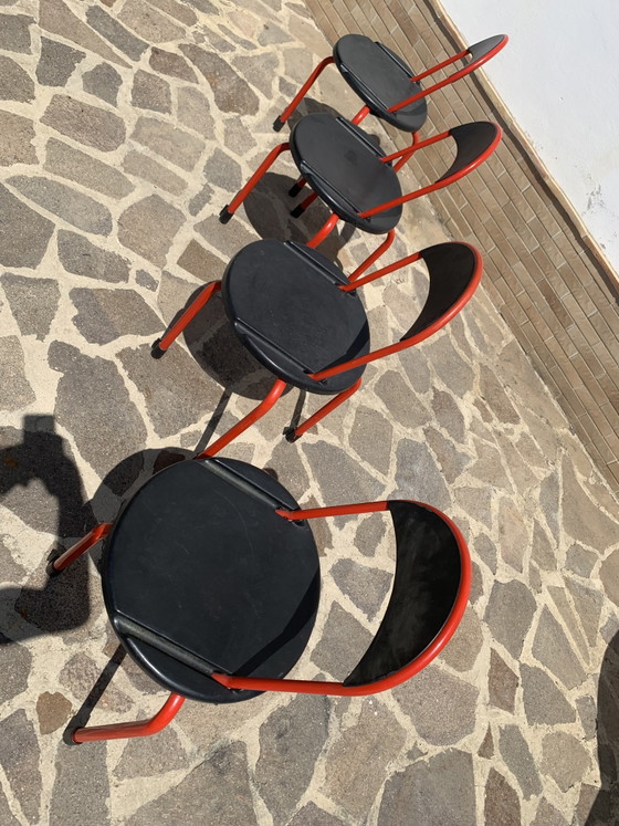 Set van 4 vintage Lamm L/O Design klapstoelen - rood en zwart - Italiaans design uit de jaren 80 – Metal (photo 3 of 12)