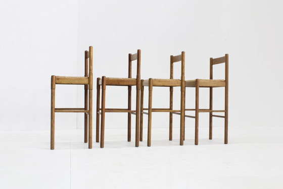 Image 1 of Vintage Vico Magistretti barkrukken set van essenhout en stro, Italië