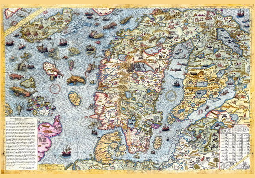 Carta Marina, eerste cartografische weergave van het Scandinavische schiereiland door Olaus Magnus 1539 - 70×100 cm