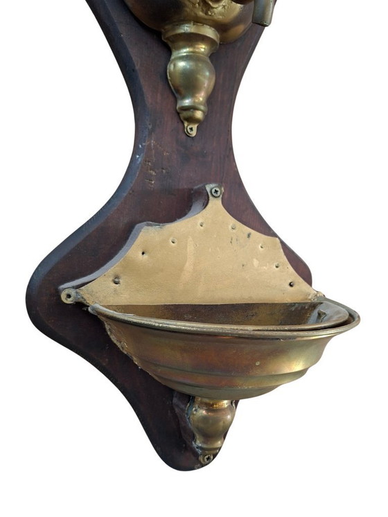 Image 1 of Antique Wall-Mounted Brass and Wood Washbasin with Cross, Early 1900s