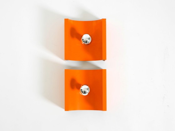 Image 1 of Pair of rare original 1960s Space Age metal wall lamps by Klaus Hempel for Kaiser Leuchten in orange