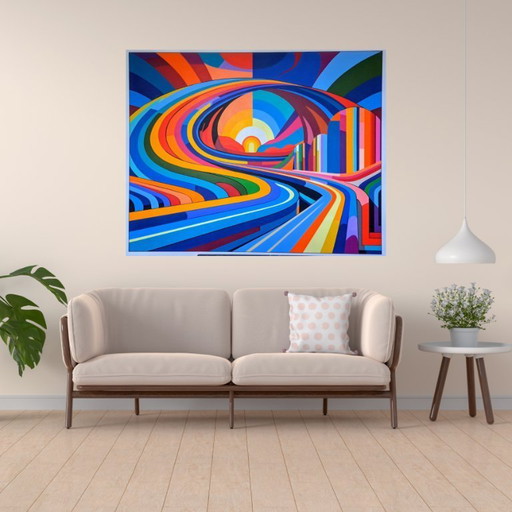 Lever du Soleil - farbenfrohes abstraktes Gemälde von Franklin van Dam - Acryl auf MDF - 105 × 84 cm