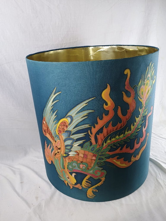 Image 1 of Handmade Signed Silk Dragon Lampshade, Large Vintage Style Table or Floor Lamp Shade, Asian Inspired Decorative Shade