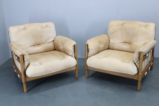 1960s Pair of Oak Scandinavian Armchairs in Fine Leather Upholstery