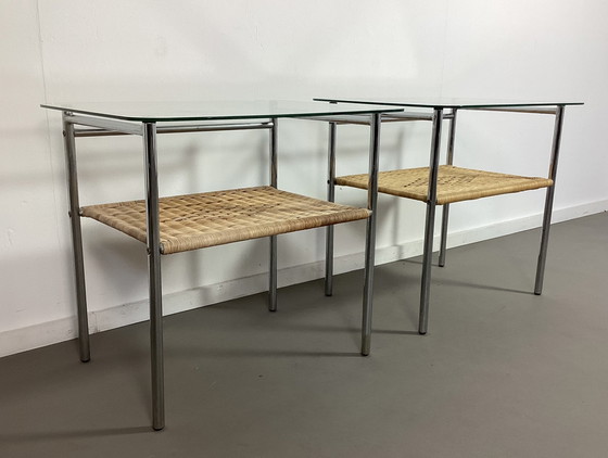 Image 1 of Set of eighties vintage side tables tables chrome rattan