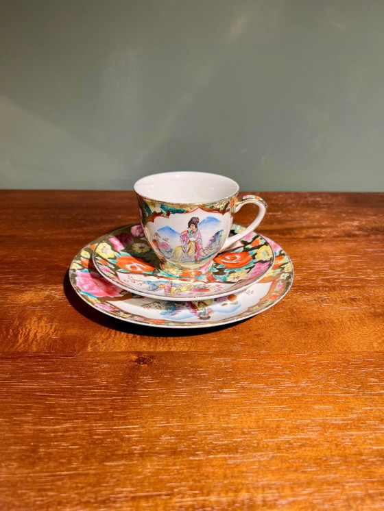 Tazze da tè/caffè giapponesi vintage con piattino e piatto, 2 set, dipinte a mano e decorate in oro, anni (photo 2 of 7)