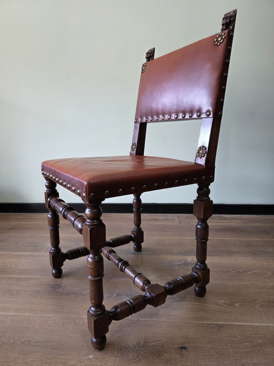 Image 1 of Set 4 vintage leren eetkamerstoelen eiken