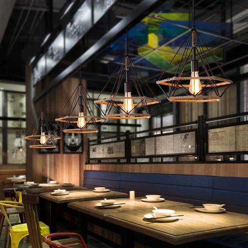 PETITES ECREVISSES Chandelier Industrial Pendant Design 3 Lamps Diamond Hemp Rope Metal LED Ceiling Light Shade-Jour