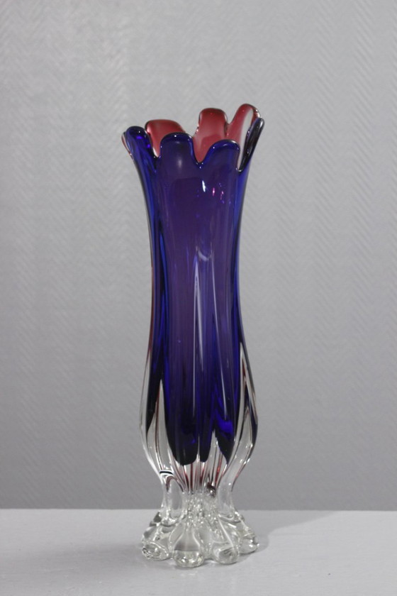 Image 1 of Grote vaas van Murano-glas, vervaardigd met de Sommerso-techniek, roze en blauw, Italiaans design, jaren 70.