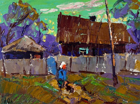 Image 1 of Original Oil Painting Evening Village Landscape The sky at dusk