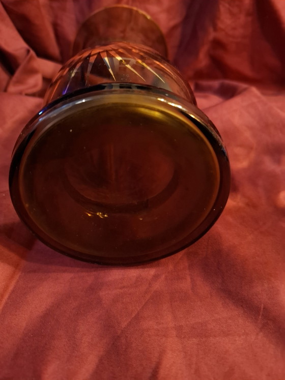 Image 1 of Vintage Mid-Century Amber Glass & Brass Set – 23cm Sunburst Trumpet Vase & 18cm Hollywood Regency Sunflower Ashtray Stand