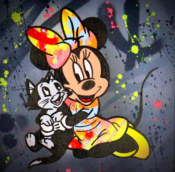 Pop Art Gemälde von Künstler Socrate, Minnie Mouse mit Katze, handsigniert mit Echtheitszertifikat, Unikat (photo 5 of 14)