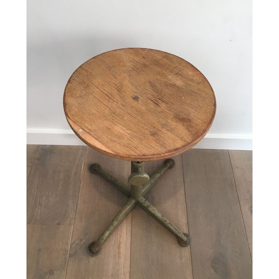 Image 1 of Vintage Industrial Stool in Steel and Wood, Height Adjustable, 1900s