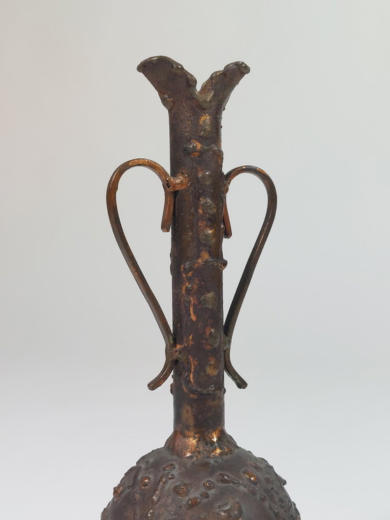 Image 1 of Brutalist vintage mid-century copper handled vase, vase melts