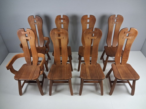 Set van 8 Vintage Brutalistische Stoelen De Puydt, Jaren 60 - 70 – Merk onbekend, eetkamerstoelen, Wood (photo 2 of 10)