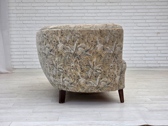 Image 1 of Anni '70, divano danese a 3 posti curvo, tessuto originale multicolore, legno di faggio.