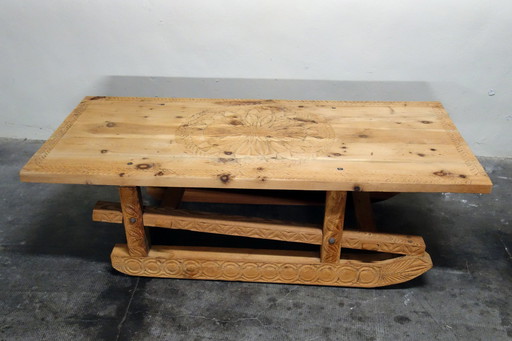Large carved sled coffee table 19th century folk art, France