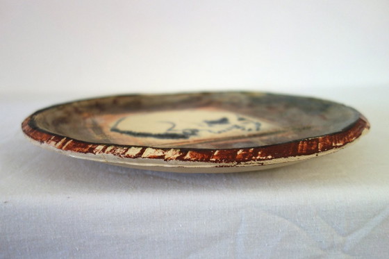 Image 1 of Grand plat motif chat en poterie vintage