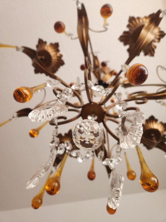 Lámpara de araña de cristal de Murano con diseño de gotas y cristales, estilo veneciano, dorada con pan de (photo 8 of 13)