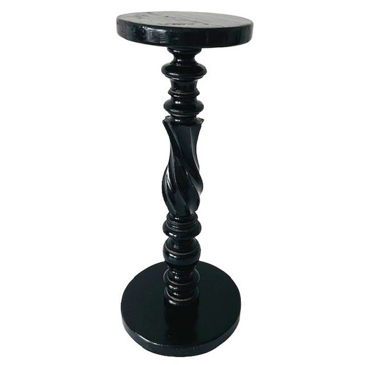 Columna de planta vintage de madera maciza torneada a mano, pilar negro, década de 1940