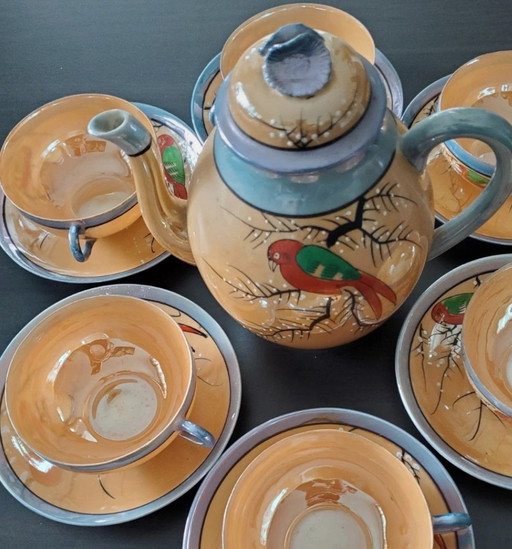 Service à thé japonais ancien en porcelaine fine avec théière, 6 sachets et 6 sachets de fond, unique !