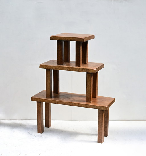 Vintage zwaar massief eiken bijzettafels – set van 3, rustieke minimalistische bijzettafels, handgemaakte hardhouten meubels.