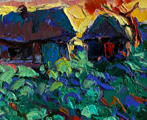 Image 1 of Original Oil Painting Sunset Village Landscape In the evening in the garden