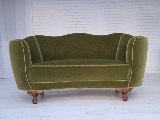 Image 1 of 1960s, Danish Curved 2-Seater Sofa, Green Furniture Velour, Oak Wood Legs