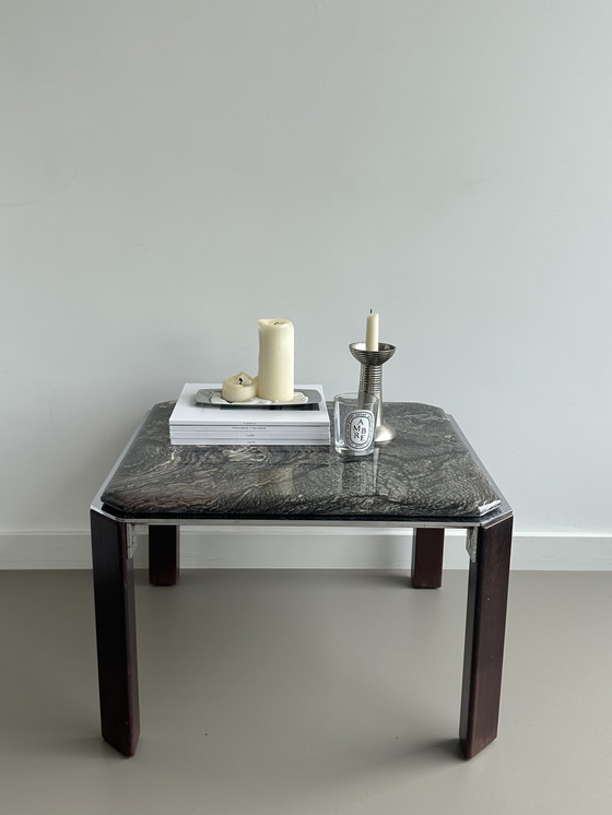 Image 1 of Table basse vintage en marbre métal chrome bois carré 70's