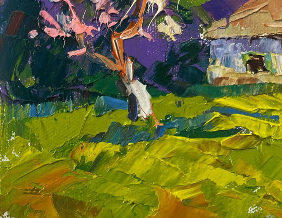 Image 1 of Original Oil Painting Summer House Landscape: The Yard Smells of Fresh Hay and Silence